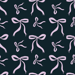 Coquette bow seamless pattern. Pastel purple or pink ribbon endless print. Perfect for wrapping, stationery, packaging, textiles, fabrics, wallpaper, backdrops, scrapbooking, crafts. Trendy design.