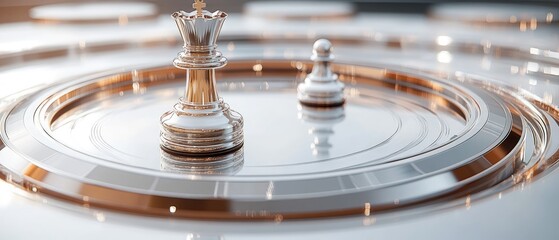 A silver queen chess piece stands on a round surface, a silver pawn sits behind it on the table.