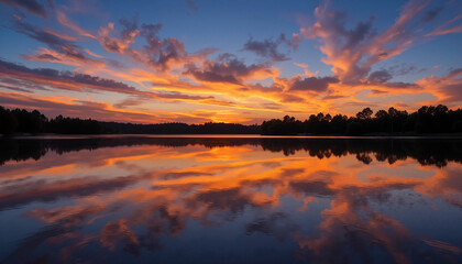 Naklejka premium Vibrant sunset reflected on the water with copy space