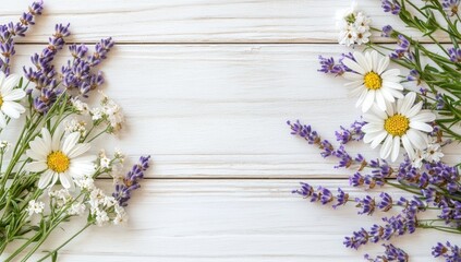 Floral Delight: Lavender and Daisies on White Wood