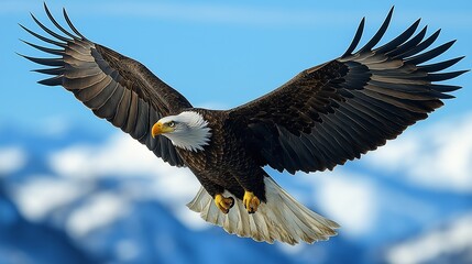 Obraz premium Majestic eagle soaring gracefully in clear blue sky with soft clouds