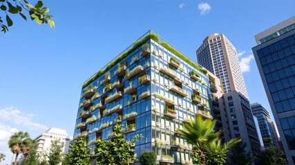 Fototapeta premium Corporate building in city plants growing Sustainability Sustainable, green energy 