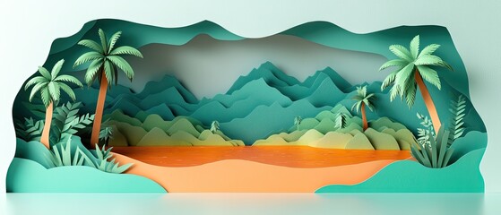 Paper cut out of a tropical landscape with palm trees, mountains, and a beach.