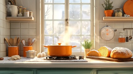 Cozy winter kitchen scene with soup bread snow view