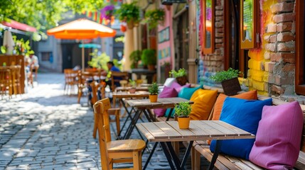 Colorful urban cafe scene background image. Bright cushions, wooden tables, lush plants. Sunny umbrellas photo backdrop wallpaper realistic. Eclectic concept photorealistic