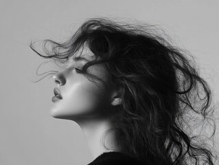 Profile of a woman with windswept hair in a stylish black and white portrait, capturing timeless elegance and beauty. © Olly Photography