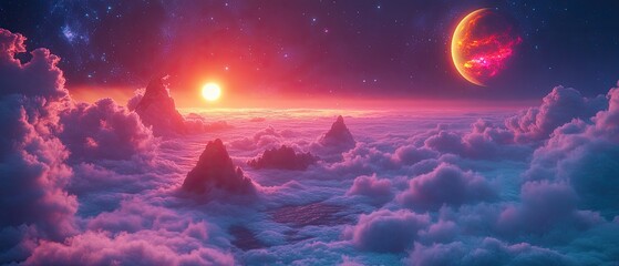 Fototapeta premium A surreal dreamscape of a fiery sunset and a crescent moon over a mountain range shrouded in soft pink clouds.