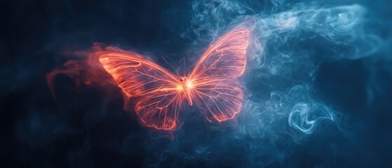 A glowing red butterfly silhouette in a dark smoky atmosphere with blue accents.