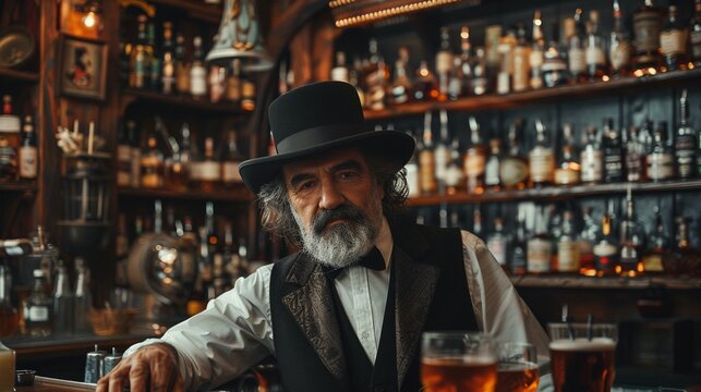 Victorian bartender at rustic bar portrait image. Liquor bottles, bearded man in classic outfit picture photorealistic photography. Old-fashioned pub concept photo realistic