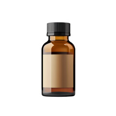 3D amber medicine bottle with a black cap and blank label. A simple, minimalistic design ideal for pharmaceutical or supplement packaging concepts. Isolated on transparent background, png.