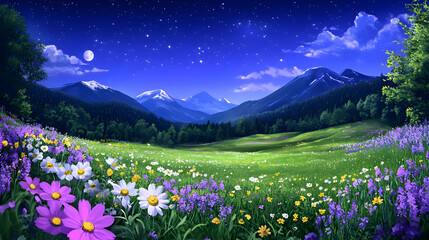 Obraz premium Night blooming flowers, mountain landscape, starry sky, colorful wildflowers