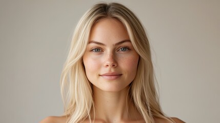 Fototapeta premium Blonde woman with blue eyes and freckles looking directly at the camera, conveying confidence and natural beauty.