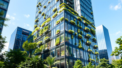 Fototapeta premium Corporate building in city plants growing Sustainability Sustainable, green energy