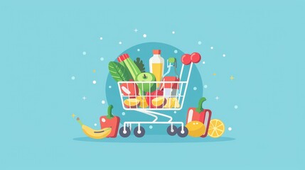 Colorful Shopping Cart with Fresh Groceries