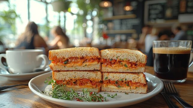 Enjoying a casual lunch with sandwiches and coffee in a lively café surrounded by friends and engaging conversations bathed in late afternoon light