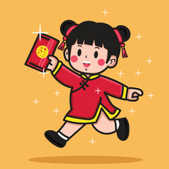 A cute girl celebrating Chinese New Year by getting an angpao for a sticker or design element