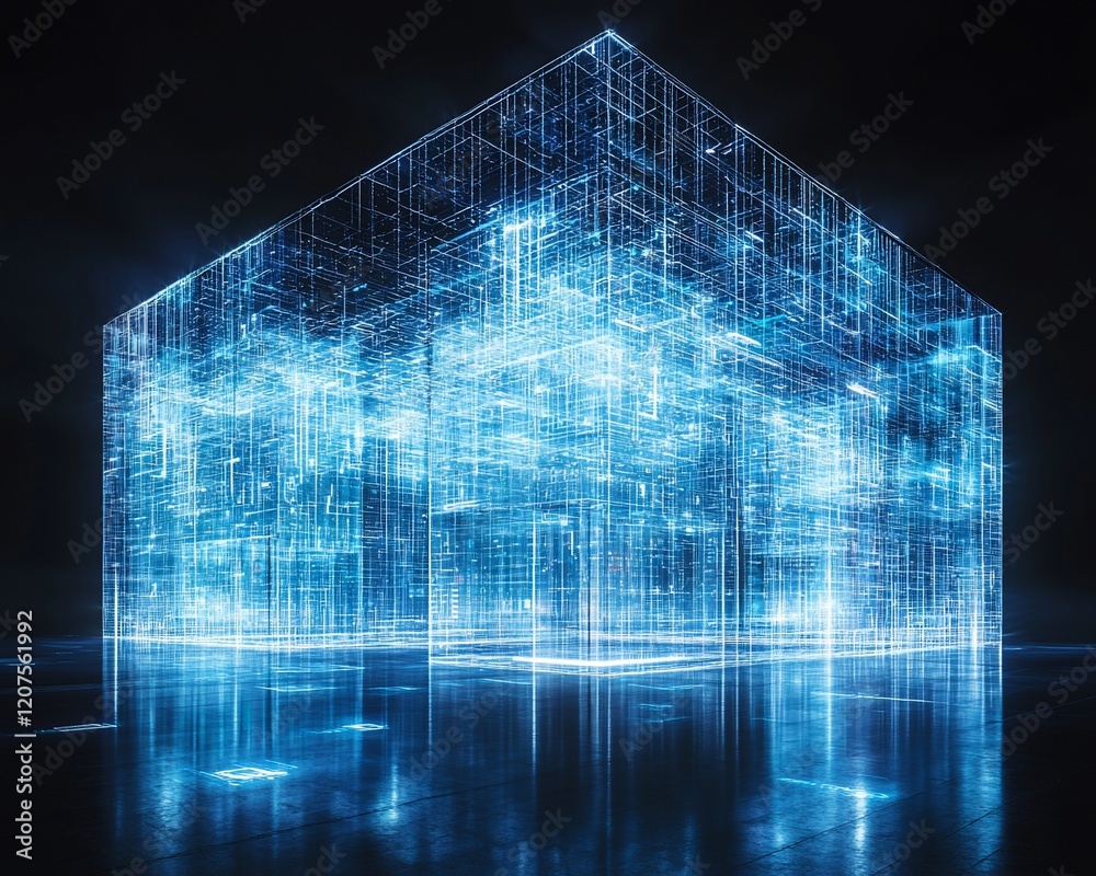 Poster glowing blue digital cube structure reflecting on dark surface.