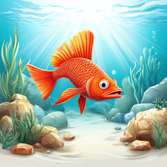 Naklejka premium Vibrant orange fish swimming in sunlit ocean, surrounded by rocks and seaweed