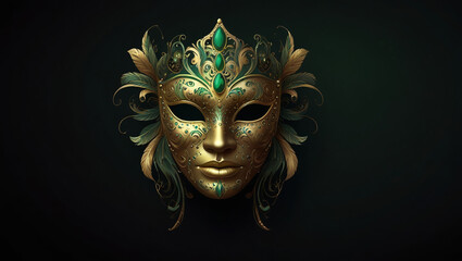 illustration of a carnival mask in gold and green on a dark background.