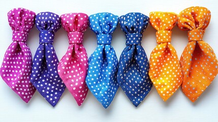 Collection of vibrant patterned bow ties in assorted colors arranged on a white wooden surface