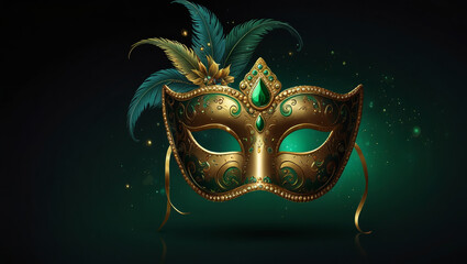 illustration of a carnival mask in gold and green on a dark background.