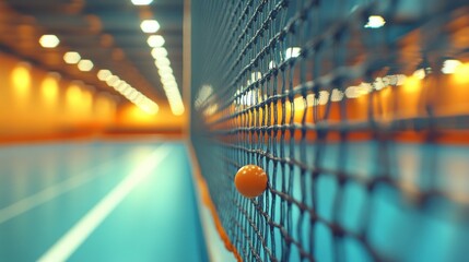 Orange ball in net, indoor court.