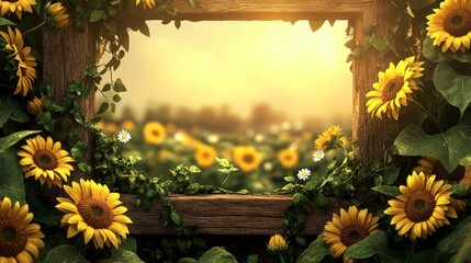 A nature-inspired summer border of sunflowers, daisies, and green ivy climbing around a rustic wooden frame, illuminated by the soft golden glow of late afternoon sunlight.