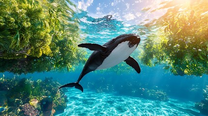 Majestic Underwater Scene with Whale Amidst Lush Marine Environment