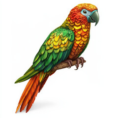 Fototapeta premium Vibrant parrot perched on branch, detailed plumage, red, green, and yellow feathers
