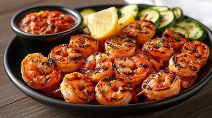 Beautifully Arranged Shrimp Platter with Fresh Vegetables and Sauce