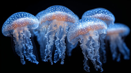 Obraz premium Luminescent jellyfish group floating in dark water displaying bioluminescent pattern and natural marine biology phenomenon