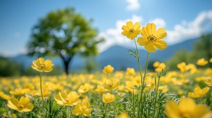 Fototapeta premium Yellow flowers field, sunny day, tree, mountains, spring