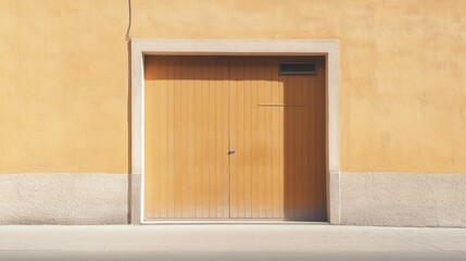 Sunlit wooden garage door on ochre wall.