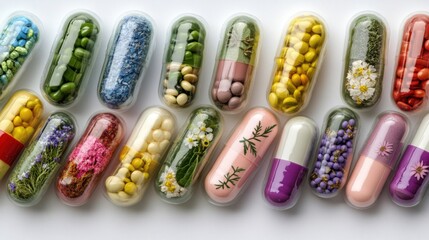 A remedy for chronic pain relief. Colorful herbal capsules filled with natural ingredients arranged neatly.