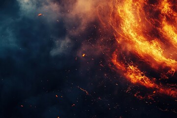 Fototapeta premium A mesmerizing fire tornado rises against a dark smoky backdrop, capturing glowing embers and vibrant flames in a powerful and captivating display, perfect for background use