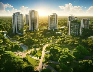 Naklejka premium A vibrant aerial view of a luxurious residential complex surrounded by acres of lush greenery, with modern high-rise towers and walking paths