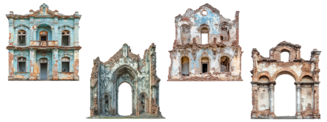 Set of ruined historic buildings, isolated on transparent background