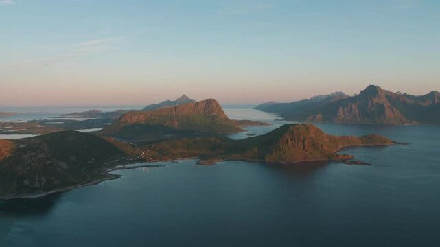 Norwegian fjord landscape with a lot of islands at sunset in northern Norway Lofoten, View from Mannen