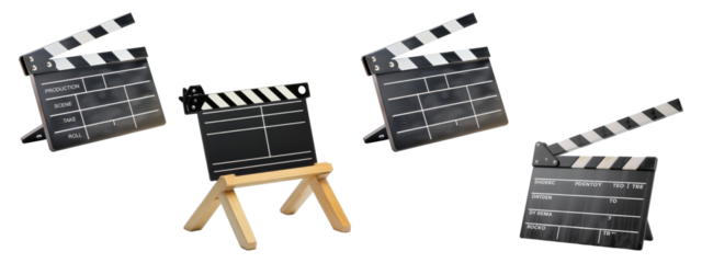 Set of film clapboards for movie production, isolated on transparent background