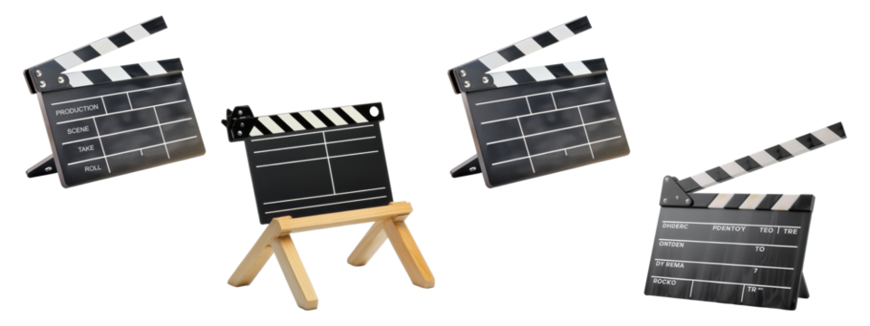 Set of film clapboards for movie production, isolated on transparent background