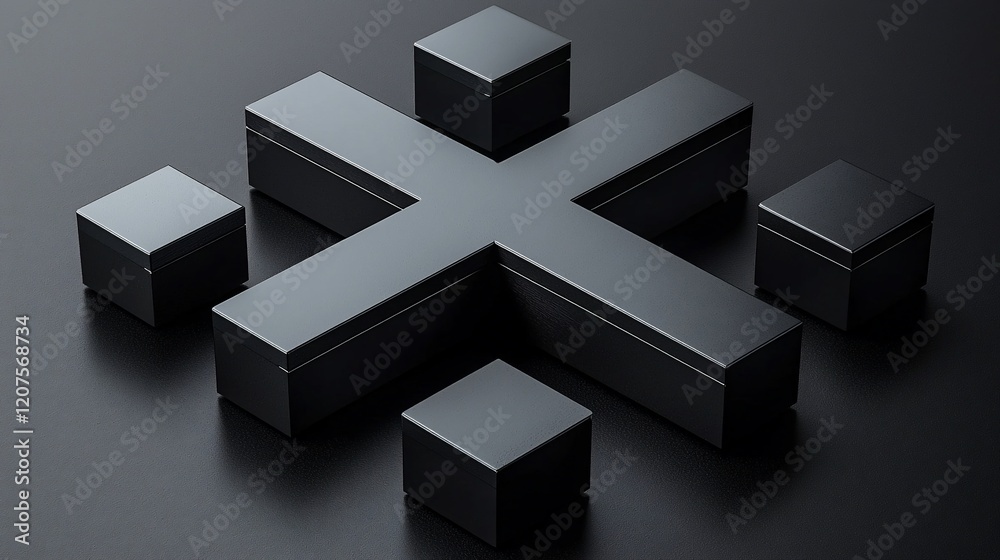 Poster Dark gray cross-shaped structure with smaller cubes.