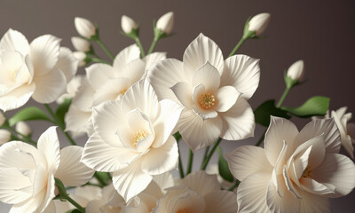 Fototapeta premium Elegant white flowers arranged beautifully, showcasing delicate petals and lush green leaves. This serene floral composition adds touch of sophistication to any space