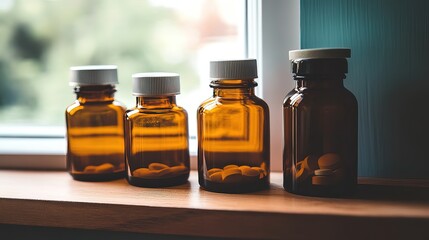 Medicine bottles neatly arranged on a wooden shelf, symbolizing the importance of organization and care in healthcare management.

