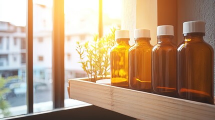 Medicine bottles neatly arranged on a wooden shelf, symbolizing the importance of organization and care in healthcare management.
