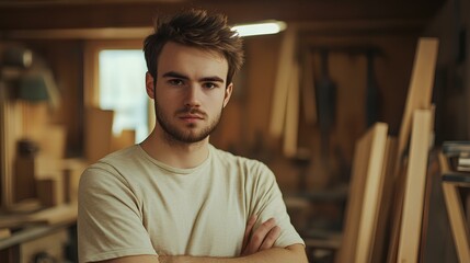 Portrait of young male carpenter standing in the wood workshop 