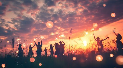 Celebratory gathering at sunset with friends holding sparklers and enjoying a festive atmosphere outdoors