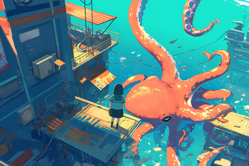 A girl gazes in awe at a giant octopus in a vibrant underwater city filled with marine life