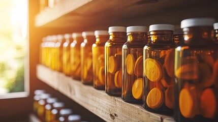 Medicine bottles neatly arranged on a wooden shelf, symbolizing the importance of organization and care in healthcare management.
