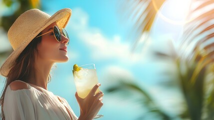 woman enjoying margarita cocktail on paradise beach on a sunny summer day with copy space