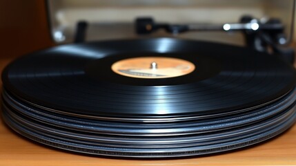 Vintage vinyl records stacked next to a record player in warm light